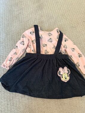 Disney Pink Minnie Print Top with Navy Suspender Skirt